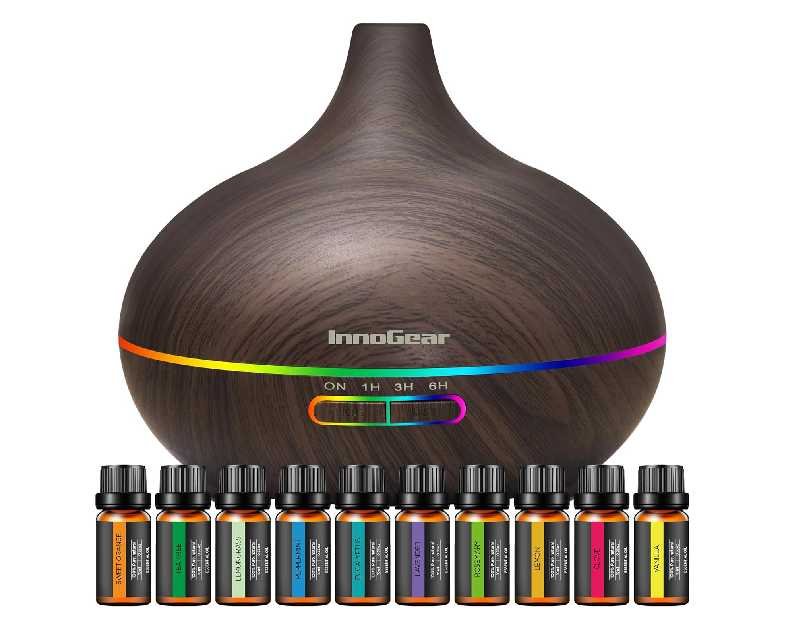 InnoGear Aromatherapy Diffuser & 10 Essential Oils Set, 400ml Diffuser Ultrasonic Diffuser Cool Mist Humidifier with 4 Timers 7 Colors Light Waterless Auto Off for Large Room Office, Dark Wood Grain