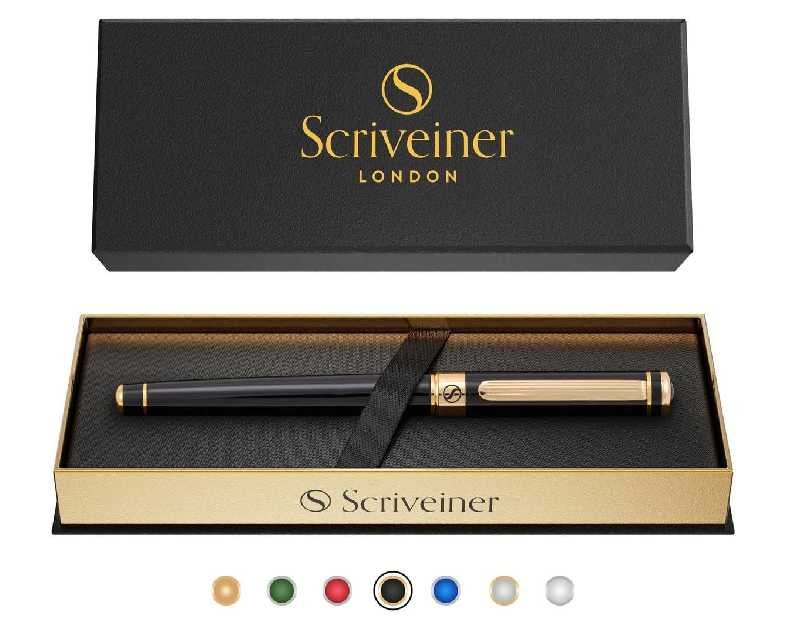 Scriveiner Black Lacquer Rollerball Pen - Stunning Luxury Pen, Real Gold Plating, Schmidt Ink Refill, Best Roller Ball Gift Set for Men & Women, Professional, Executive Office, Nice Pens