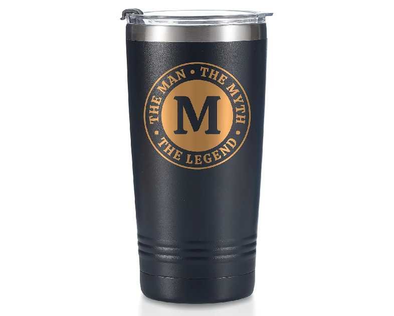 the Man the Myth the Legend Mug with Initials, Monogrammed Stainless Steel Travel Tumbler for Men, Funny Personalized Coffee Cup, Custom Beer Glass, Unique Birthday Christmas Gifts for Him, 20 oz, M