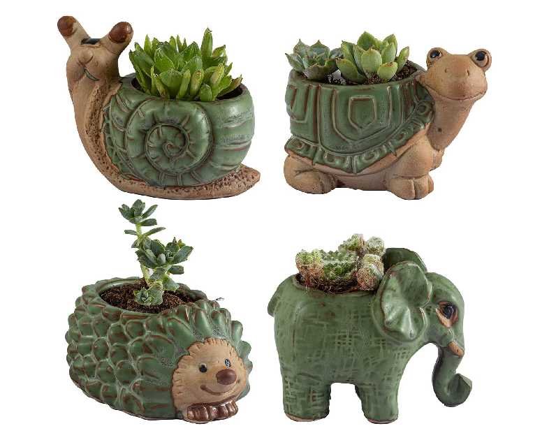 Small Succulent Pots with Drainage, Indoor/Outdoor Ceramic Animal Planter, Cute Cactus/Bonsai Small Flower Pots for Home Decor and Office Desk Decoration, A Set of 4 Pieces is Suitable as A Gift