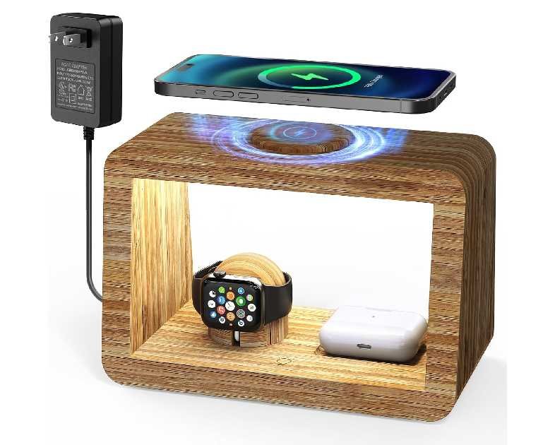 Bamboo Wireless Charging Station: 3-in-1 Wireless Charger with Night Lights