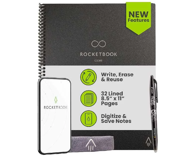 Rocketbook New Core Reusable Spiral Notebook, Letter Size 8.5x11, Black - Lined Pages, App-Connected, Erasable, Durable Cover, Ideal for School, Work, and Creative Projects