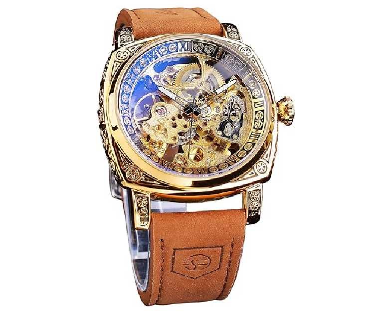 FORSINING Watches for Man, Square Retro Mechanical Watch Self-Wind Carved, Skeleton Automatic Watches Vintage Leather Strap Wristwatch