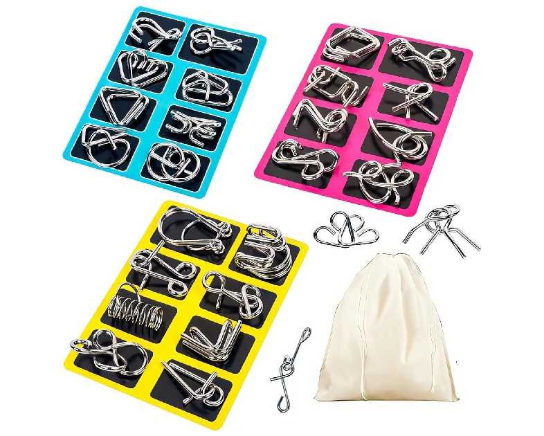 Metal Wire Puzzle Set of 24 with Pouch,Brain Teaser IQ Test Disentanglemen Iron Link Unlock Interlock Game Chinese Ring Magic Trick Toy for Party Favor Kids Adults Challenge