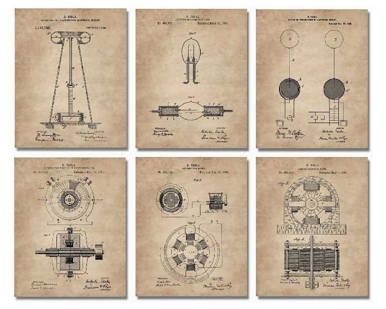 Nikola Tesla Gifts for Engineers - Steampunk Wall Decor 6 (8"x10") Unframed Wall Art Patent Prints - Industrial Artwork Home Decor - Electrical, Coil, Nerd, Geek, Science, Physics Decorations