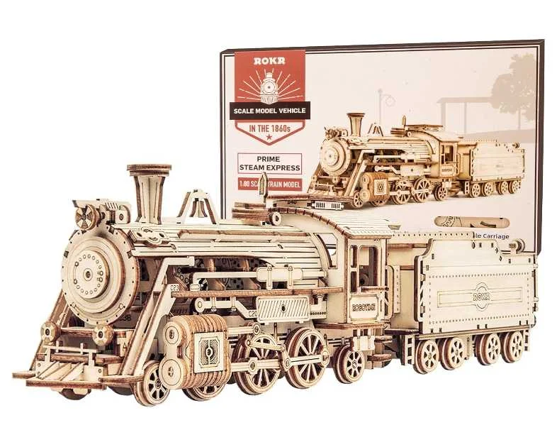 ROKR 3D Wooden Puzzle for Adults-Mechanical Train Model Kits-Brain Teaser Puzzles-Vehicle Building Kits-Unique Gift for Teens on Birthday/Christmas Day(1:80 Scale)(MC501-Prime Steam Express)