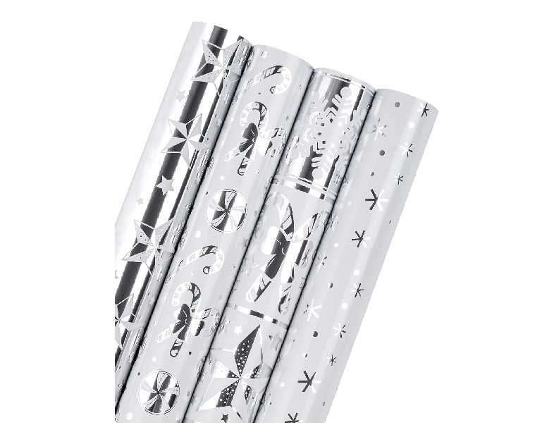 WRAPAHOLIC 30 Inch Silver Christmas Wrapping Paper Roll - Jumbo Roll Silver Snowflakes, Candy Cane Holiday Collection with Metallic Foil Shine - 4 Rolls - 30 Inch x 120 Inch Per Roll