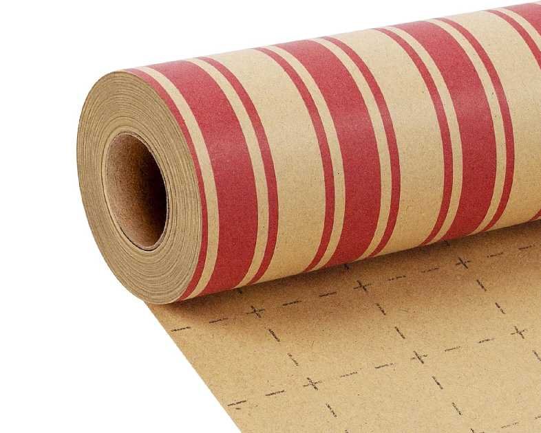 LaRibbons Vintage Kraft Christmas Wrapping Paper, Classic Red Candy Cane Stripe Design, Rustic Gift Wrap Paper with Gridline for Christmas, Holiday, 17 Inch X 33 Feet