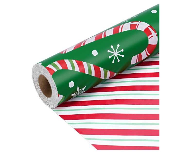 LaRibbons Reversible Green Christmas Wrapping Paper Roll, Classic Candy Cane & Red Striped Gift Wrap for Christmas, Holiday, Winter Party, 17 Inch x 33 Feet