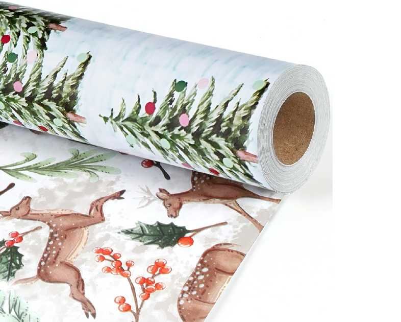 BIOBROWN Reversible Christmas Wrapping Paper - 17 Inch X 33 Feet (46.7 sq. ft. ttl.) - Doe Floral and Tree Design Perfect for Xmas, Party, Holiday Gift Wrap