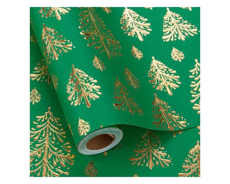 Flyhill Kraft Christmas Wrapping Paper, Green 3D Embossed Gold Foil Christmas Pine Tree with Woodlands Wrap Paper for Holiday, Party,Celebration, New Year (17 Inch X 32.8 Feet)