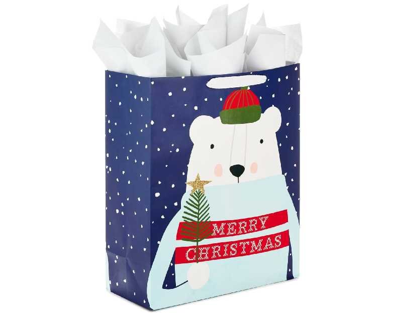 Hallmark 15" Extra Large Christmas Gift Bag with Tissue Paper (Merry Christmas Polar Bear) for Kids, Adults, Coworkers, Neighbors