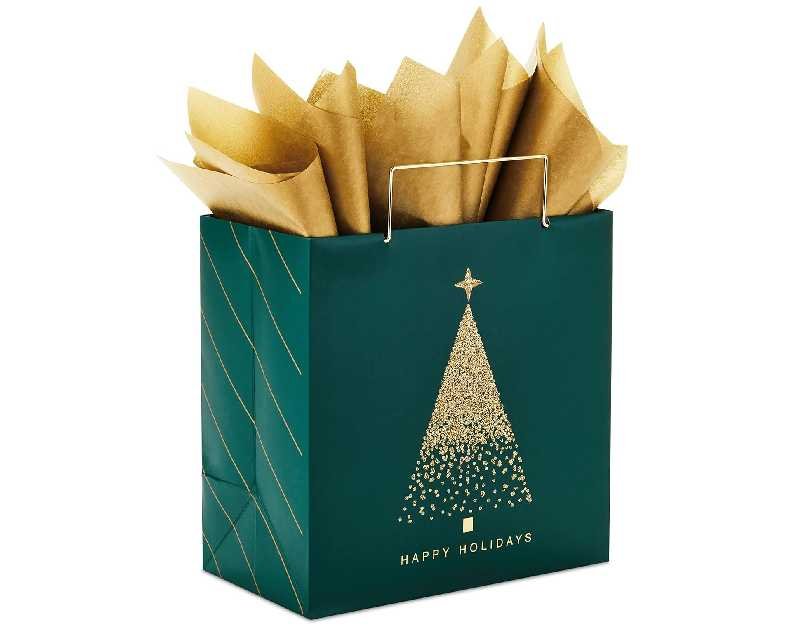Hallmark Signature 7" Medium Christmas Gift Bag with Tissue Paper (Hunter Green and Gold Tree, Happy Holidays) with Foil, Glitter, Metal Handle