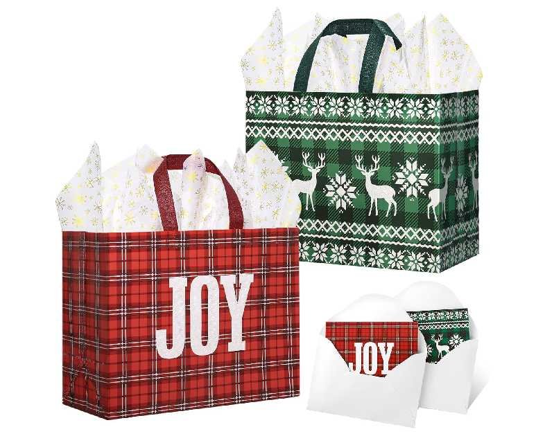 STYPOP 2 Pack 13" Large Christmas Gift Bags with Tissue Paper, Reusable Christmas Tote Bags with Handles, Non-Woven Holiday Gift Bags for Xmas Gift Wrap/Party Favor Supplies, 12.8"*10.2"*6.3"