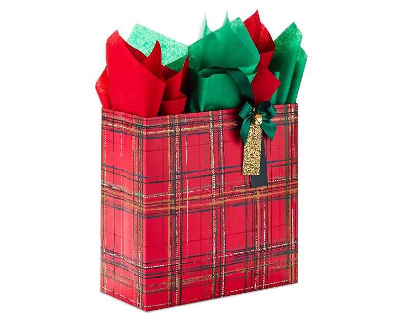 Hallmark Signature 12" Extra Large Square Christmas Gift Bag with Tissue Paper (Red Plaid with Bow and Jingle Bell)