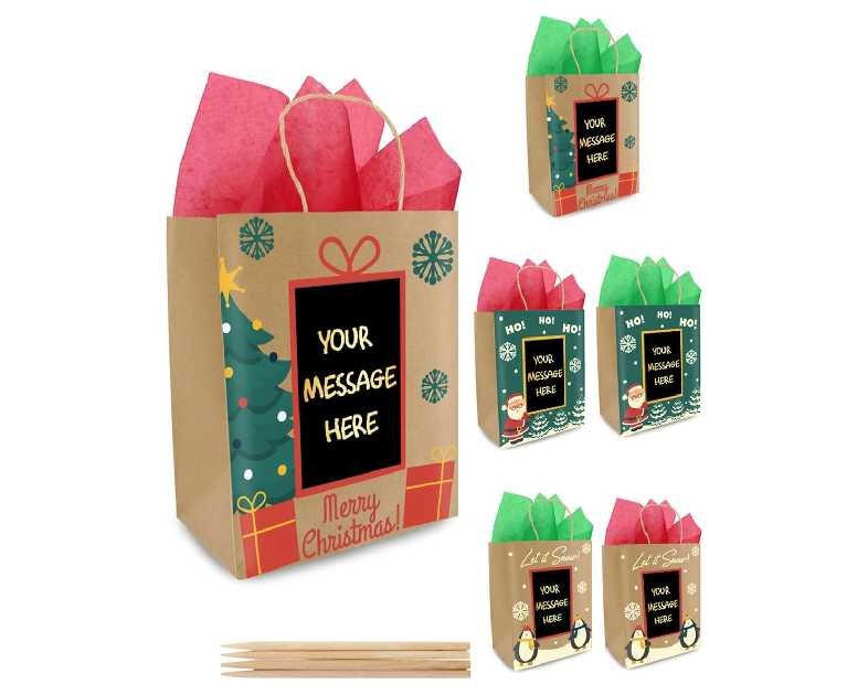 6 Brown Christmas Gift Bags Medium Size Bulk, 8" with Scratch Paper Panel for Personalized Messages & Tissue Paper - Small Holiday Bags for Gifts, Secret Santa Holiday Gift Bags with Handle