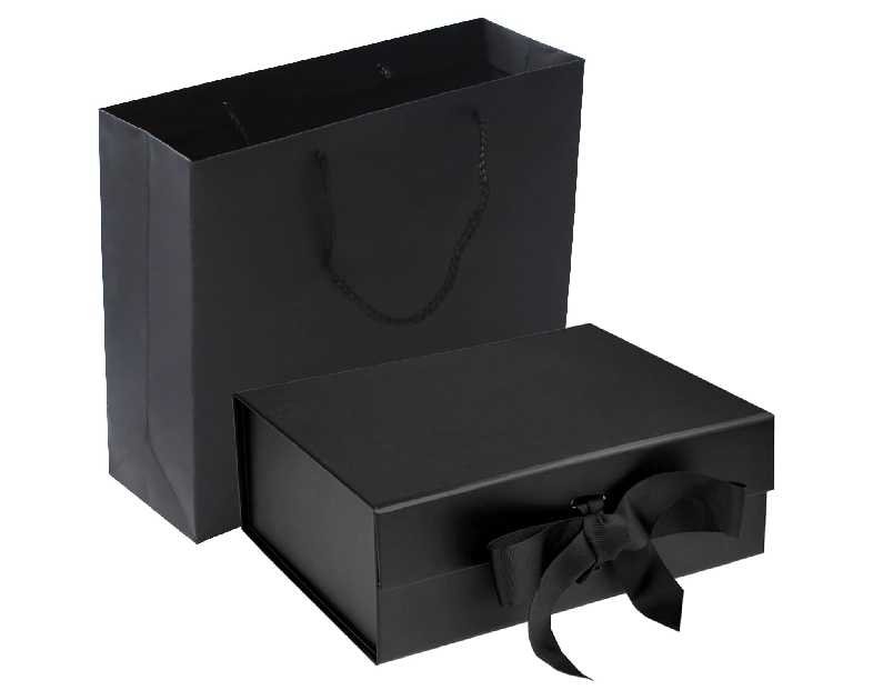 Black Luxury Magnetic Gift Box with Lid, Ribbons and Gift Bag, Medium Size-9.4x7x3 Inches, Great for Christmas, New Year, Wedding, Birthdays, Man