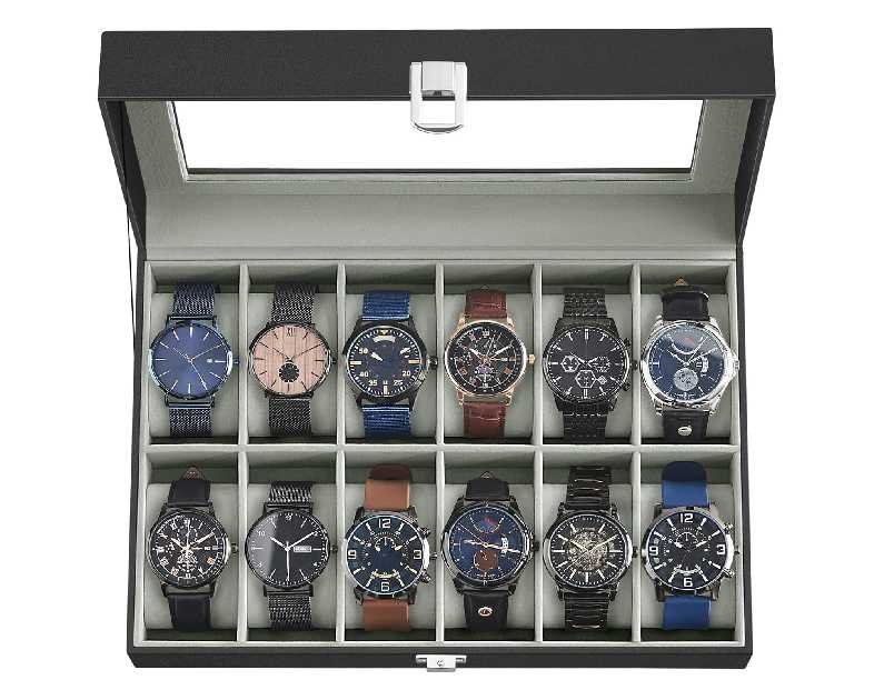 SONGMICS Watch Box, 12-Slot Watch Case Organizer with Large Glass Lid, Removable Pillows, Christmas Gift, Black Synthetic Leather, Gray Lining UJWB12BK