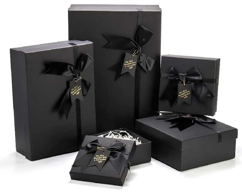 ZENFUN 5 Pack Black Nested Gift Boxes with Lid for Valentine's Presents, 5 Sizes Luxury Packaging Box with Ribbon Bows and Label Gift Wrap for Thanksgiving Birthday, Weddings, Mother's Day 13.7'' to 5.1''