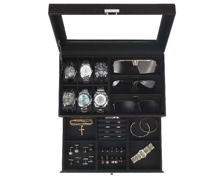 Watch Jewelry Box Organizer, 6-Slot 2-Layer Watch Case and Sunglasses Storage with Large Glass Lid, Men's Jewelry Box with Lock, Watch Holder Display Case, Gift for Men Women