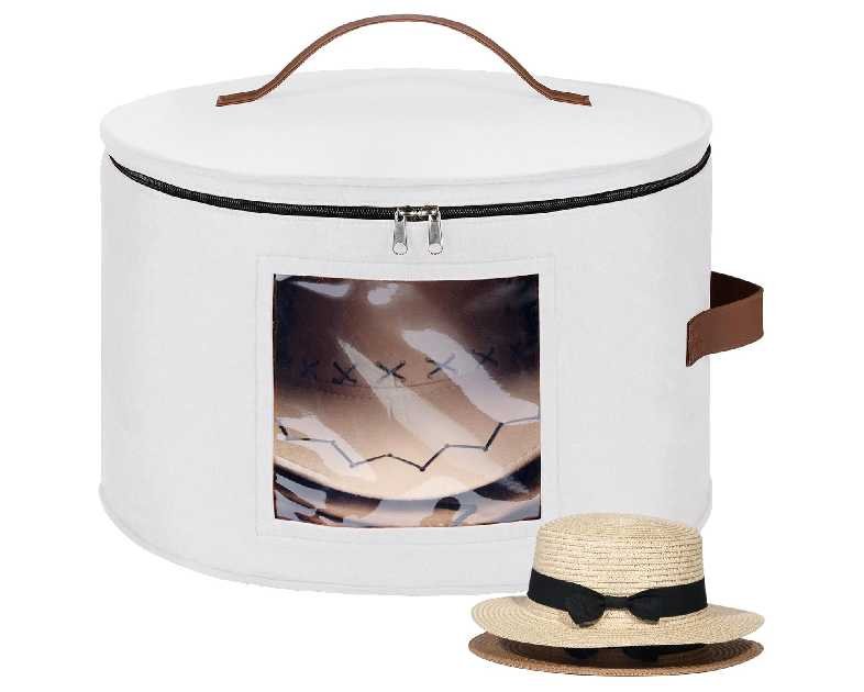 Lifewit Round Cowboy Hat Box for 7 Caps, Large Felt Hat Organizer Bag for Men & Women Storage, Baseball Cap Container with Dustproof Lid for Travel, Foldable 16.5" D x 10.6" H Carrier, White