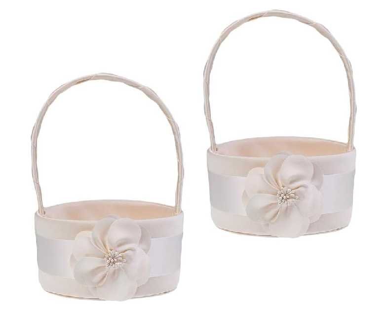 Pack of 2pcs Delicate Round Champagne Satin Wedding Flower Girl Basket Floral Bridal Petals Basket Decoration