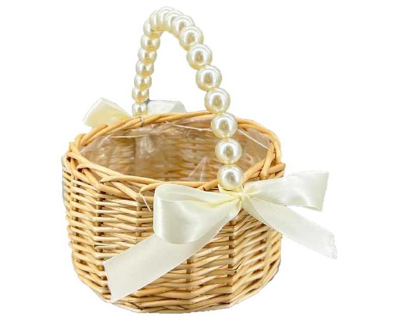 Wicker Rattan Flower Girl Basket with Bows,Pearl Handle Flower Basket,Wedding Flower Girl Basket and Home Decorations. (1)