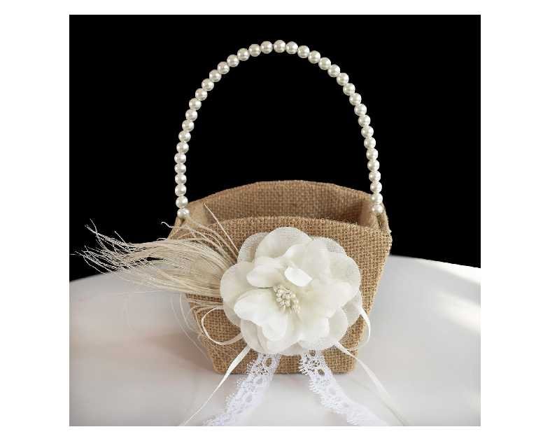 Burlap Flower Girl Basket for Weddings,Romantic Cherish Pearl Handle Wedding Flower Basket