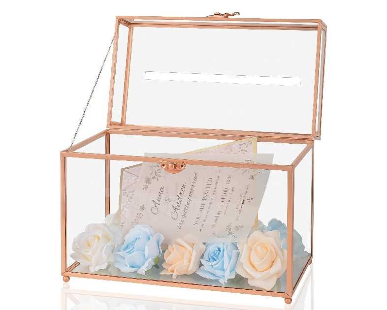 Glass Wedding Card Box with Slot, 10.2 inch Large Clear Card Box for Wedding Receptions, Rose Gold Gift Card Storage Box for Baby Shower, Birthday Party, Bridal Shower