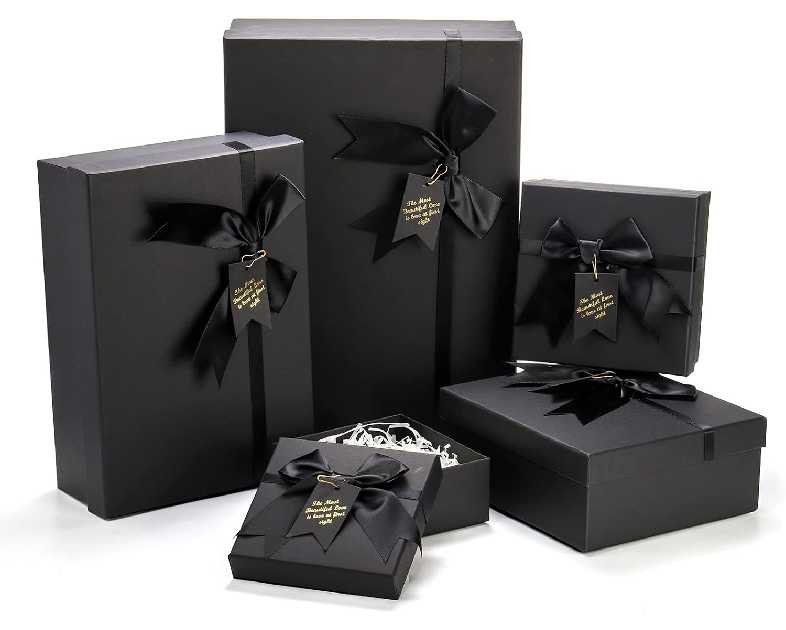 ZENFUN 5 Pack Black Nested Gift Boxes with Lid for Valentine's Presents, 5 Sizes Luxury Packaging Box with Ribbon Bows and Label Gift Wrap for Thanksgiving Birthday, Weddings, Mother's Day 13.7'' to 5.1''