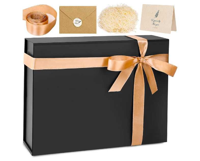Large Gift Box, 13"x10"x4" Black Gift Boxes for Presents, Christmas Gift Boxes with Magnetic Lids, Birthday Box, Contains Card, Ribbon, Shredded Paper Filler for Wedding, Valentine's Day, Anniversary
