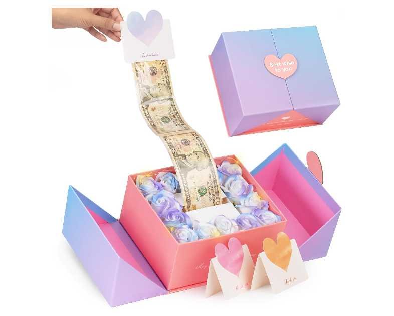 Money Box for Cash Gift, Blue Purple Gradient Luxury Money Pull Out Gift Box, Unique Surprise Money Pull Box