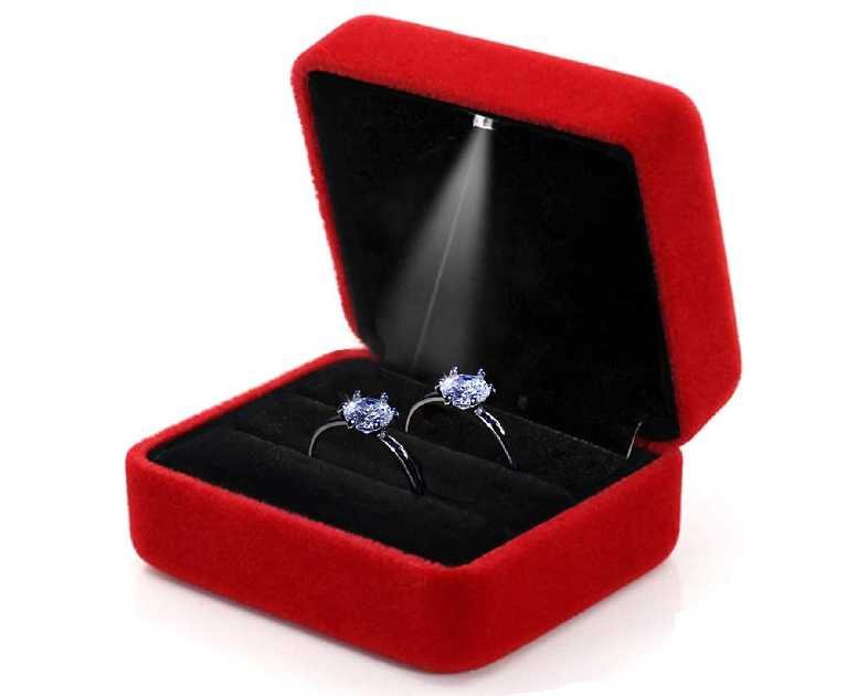 GBYAN Velvet 2 Slots Ring Box with LED Light for Ceremony Jewelry Display Gift Box for Engagement, Wedding, Red