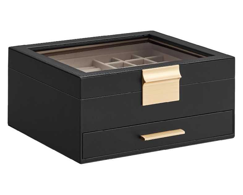 SONGMICS Jewelry Box Organizer with Glass Lid, 2-Layer Jewelry Storage, with 1 Drawer, Modern Style,Christmas Gift, 8 x 9.1 x 4.1 Inches, Graphite Black and Gold Color UJBC174B01