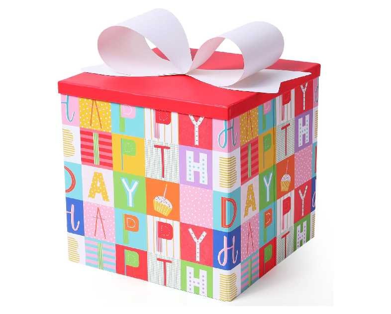 BIOBROWN Medium Birthday Gift Boxes with Lids for Presents, 9x9x9 Inches Colorful Block Design Collapsible Gift Box for Birthday, Baby Shower, Party