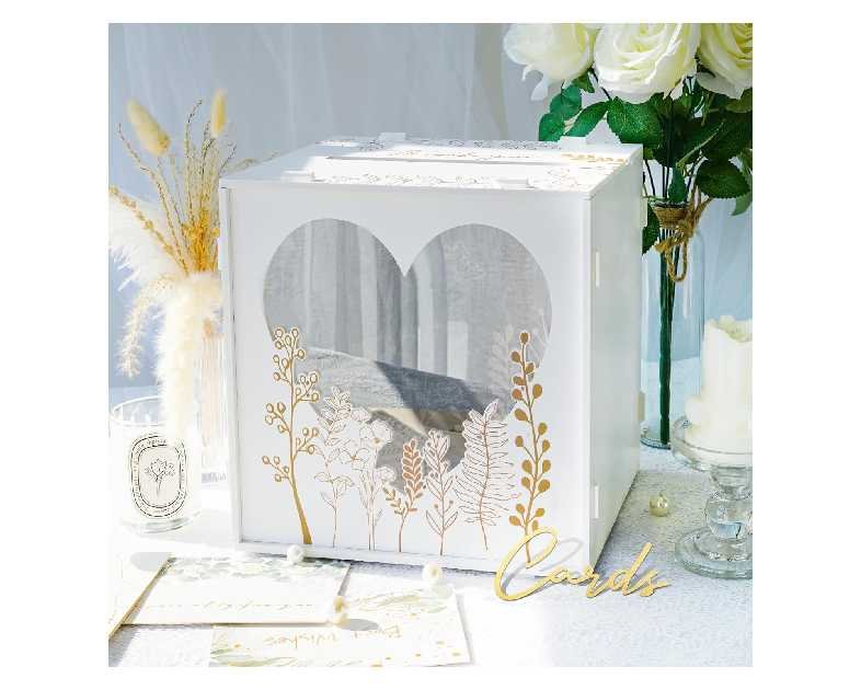 OurWarm White Wedding Card Box for Party, PVC Gift Card Box for Wedding Decorations with Heart Acrylic Window, Envelope Money Boxes for Reception Bridal Baby Shower Graduation Birthday Decor