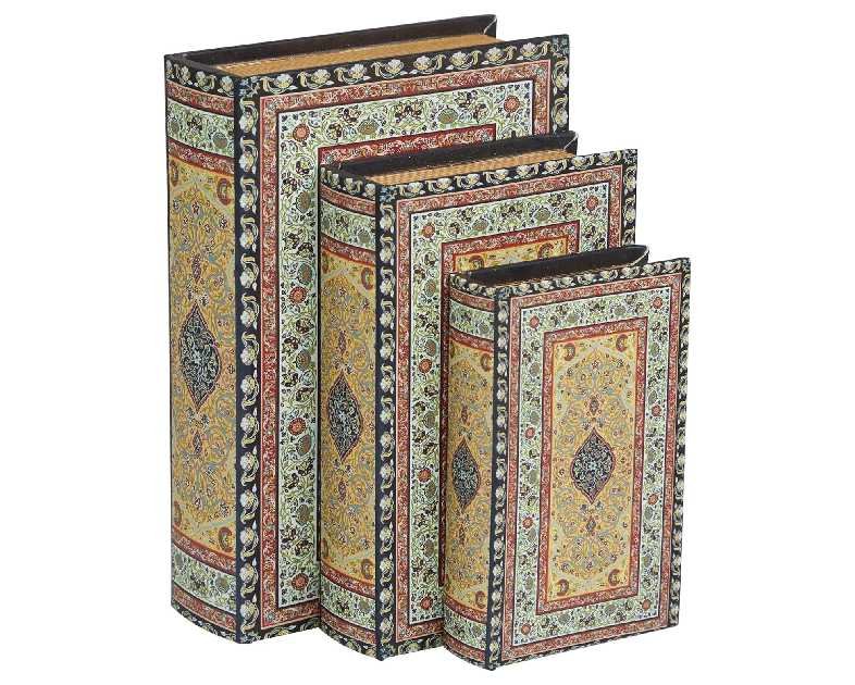 Deco 79 Canvas Decorative Box Storage Book Book Shaped Boxes with Arabesque Pattern and Gold Page Inspired Detail, Set of 3 Decorative Keepsake Boxes 12, 10, 8" H, Multi Colored