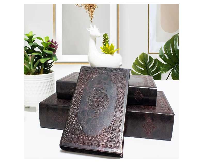 Decorative Book Box Set of 3,Vintage Style Book Shaped Storage Box,Leather Decorative Wooden Trinket Jewelry Books Boxes with Antique Embossed Pattern,Mother's Day/Graduation /Birthday Gift Idea