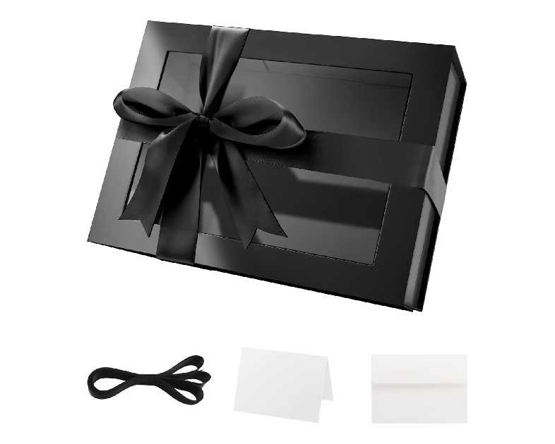PACKQUEEN Black Gift Box with Lid and Window, 9x6.5x3.8 Inches, Clear Gift Box for Present Contains Ribbon, Card, Groomsman Proposal Box