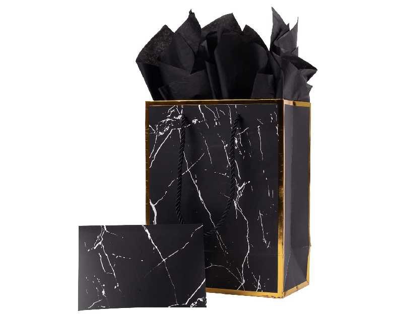 ysmile Marble Black 8" Medium Gift Paper Bag with Tissue Paper for Men Birthday Favor