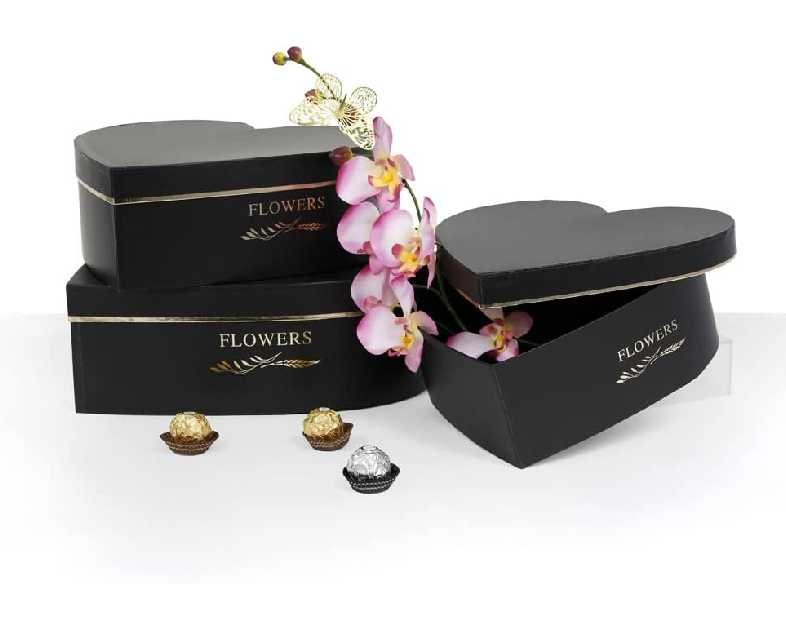 UNIKPACKAGING Set of 3, Heart Shaped Flower/Gift Boxes (Black)