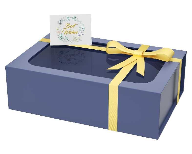 Blue Modern Gift Box with Window, 13.8 x 9 x 4.3 Inches, Magnetic Flip Top Closure, Collapsible, For Gifts