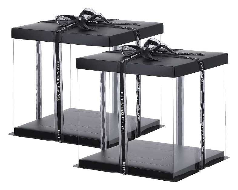 XININSUN 2Pcs Large Cake PET Clear Box, 10" X 10" X 9" with ribbon and pre-folded lid, for 8" cake packing carry, baking cookie display, Carry Tall Layer Gift, Festive Gift Box -Black