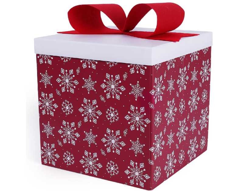 LaRibbons Large Christmas Gift Boxes with Lids,10x10x10 Inches Snowflake Design Folding Square Gift Boxes for Christmas Decorative,Xmas,Present,Storage,Red