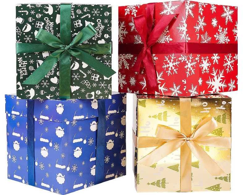 JWSCYSY Assorted Designs Christmas Gift Boxes with Lids, Tissue Papers and Ribbons, Medium Square Gift Boxes - 4 Pcs (8.7 Inch), Gift Wrapping Christmas Holiday New Year Presents Party Favor Boxes.