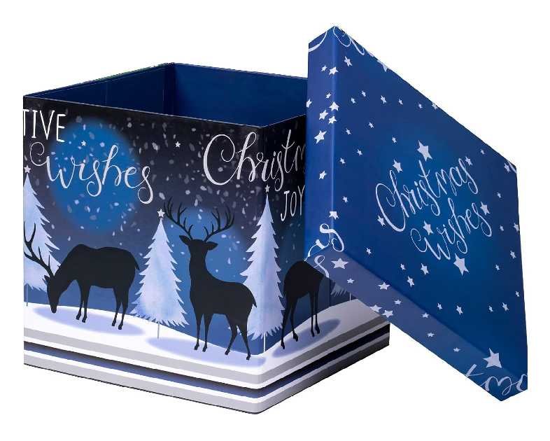 WRAPAHOLIC 9" Gift Box With Lid - Blue Reindeer and Christmas Tree Design, 2 Pcs Tissue Paper for Holiday, Party, Gift Giving and More