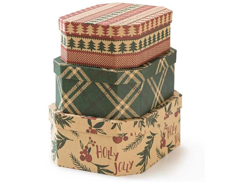 Soul & Lane Christmas Gift Boxes with Lids, Vintage Reusable Christmas Nesting Boxes for Presents, Decorative Cardboard Large Holiday Storage For Keepsakes and Decor, Set of 3