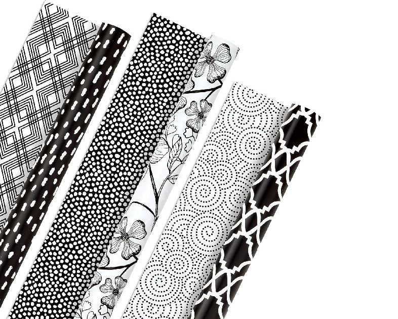 Hallmark Black and White Wrapping Paper Rolls for Graduation, Birthday, Baby Shower, Wedding, All Occasion - Floral, Polka Dots & Geometric Gift Wrap Paper (Set of 3 Reversible Rolls: 75 sq. ft. ttl.)