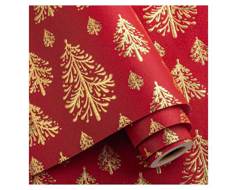 Flyhill Kraft Christmas Wrapping Paper,Red and Gold 3D Embossed Foil Christmas Trees with Woodlands Wrap Paper for Holiday, Party,Celebration, New Year (17 Inch X 32.8 Feet)