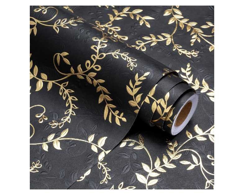 WRAPAHOLIC 3D Kraft Wrapping Paper Roll - Mini Roll - 17 Inch x 16.5 Feet - Gold and Black Leaves Design with Embossed Perfect for Birthday, Holiday, Wedding, Baby Shower